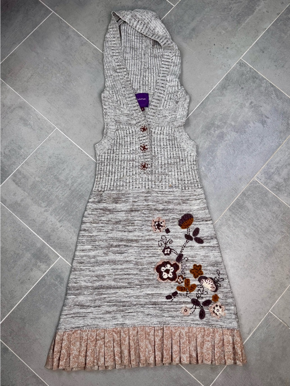 Lulumari Gray Hooded Knit Midi Dress with Brown Floral Embroidery